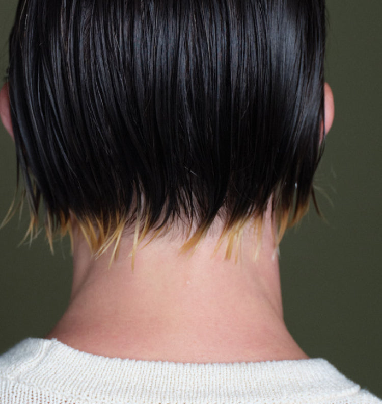 back of young man with 2 tone hair color